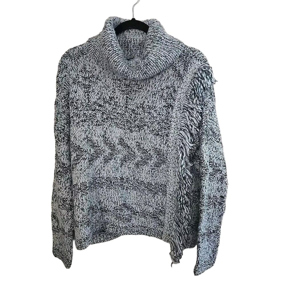 Lucky Brand‎ Gray Aztec Cowl Neck Knit Fringe Pullover Sweater Womans Sz Medium - Picture 2 of 4